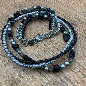 Premier Designs Triple Stands Black Gray Beaded Silver Tone Necklace